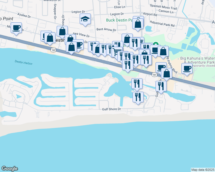 map of restaurants, bars, coffee shops, grocery stores, and more near 16 Moreno Point Road in Destin