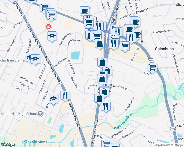 map of restaurants, bars, coffee shops, grocery stores, and more near 712 Rue Marseille in Mandeville