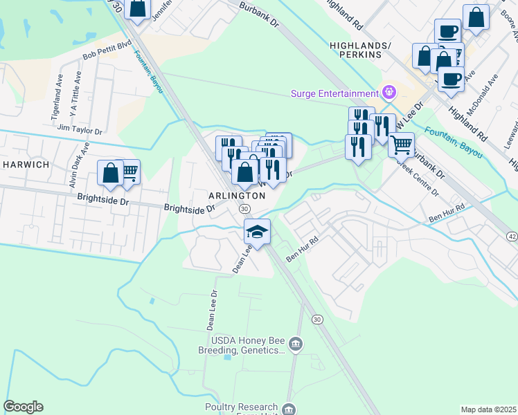 map of restaurants, bars, coffee shops, grocery stores, and more near 5445 Nicholson Drive in Baton Rouge