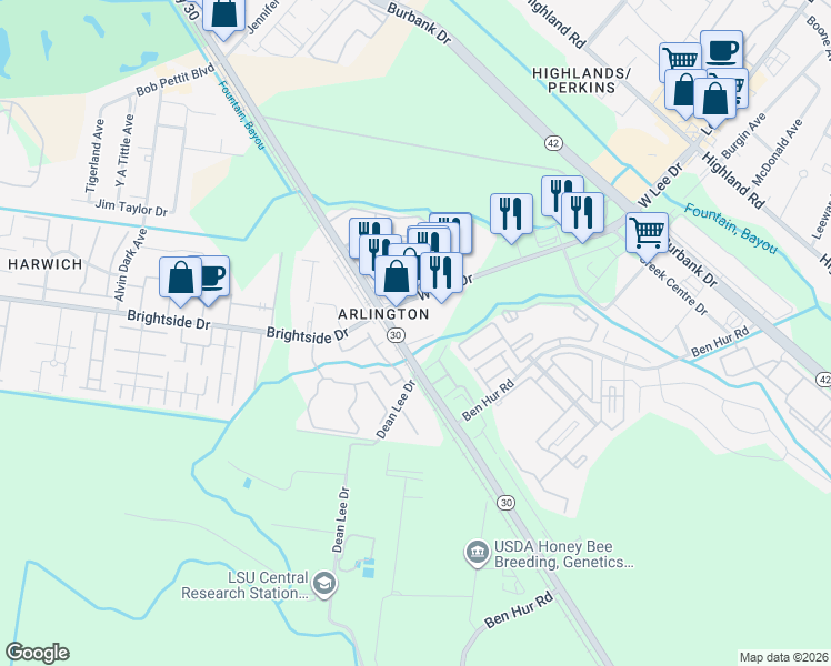 map of restaurants, bars, coffee shops, grocery stores, and more near 5445 Nicholson Drive in Baton Rouge