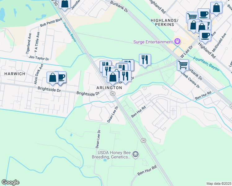 map of restaurants, bars, coffee shops, grocery stores, and more near 5387 Nicholson Drive in Baton Rouge