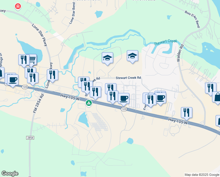 map of restaurants, bars, coffee shops, grocery stores, and more near 18708 Stewart Hill Drive in Montgomery