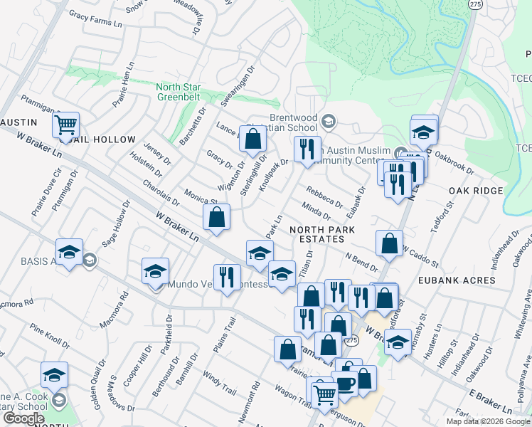 map of restaurants, bars, coffee shops, grocery stores, and more near 1109 Space Lane in Austin