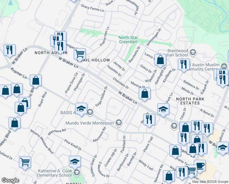 map of restaurants, bars, coffee shops, grocery stores, and more near 11201 Brunt Drive in Austin