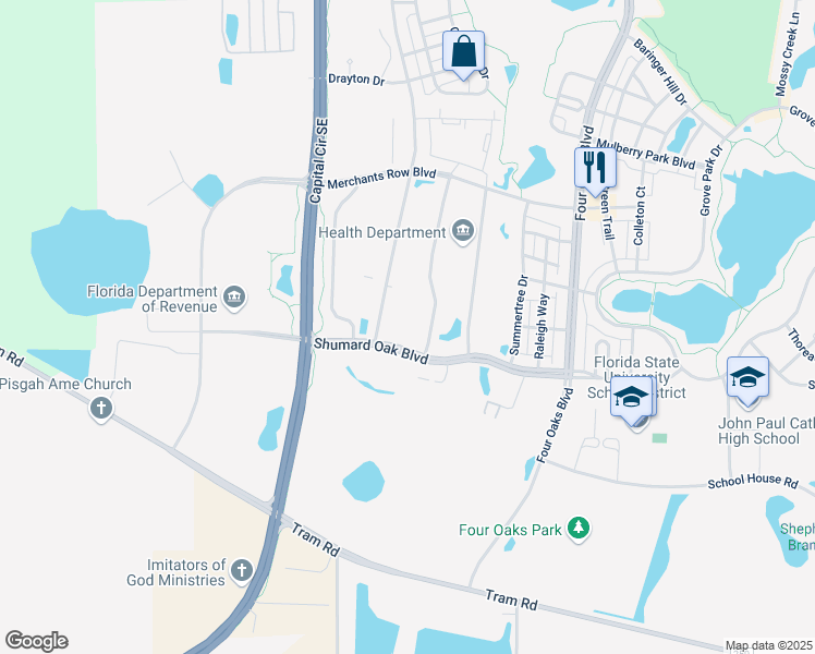 map of restaurants, bars, coffee shops, grocery stores, and more near 2540 Shumard Oak Boulevard in Tallahassee