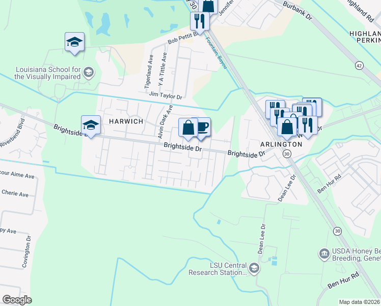 map of restaurants, bars, coffee shops, grocery stores, and more near 1855 Brightside Drive in Baton Rouge