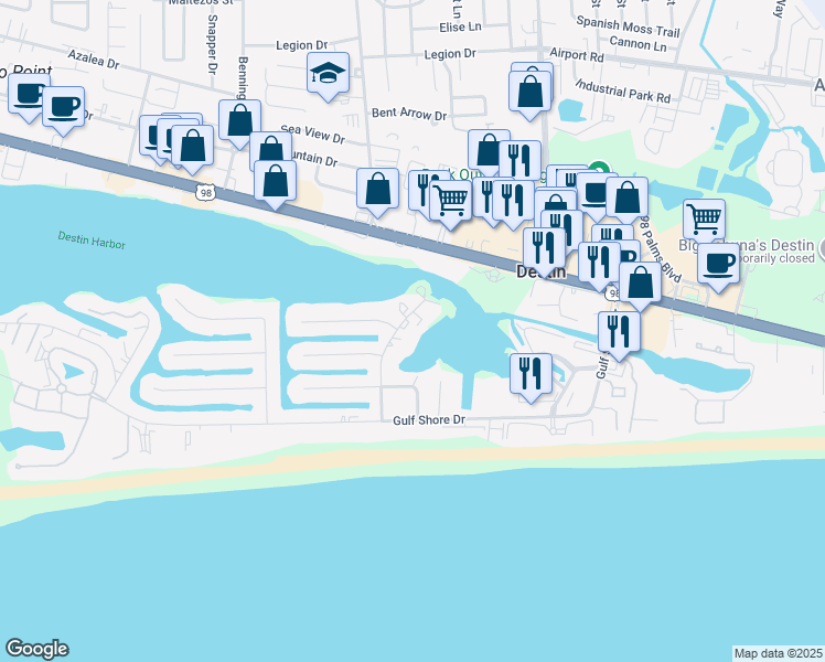 map of restaurants, bars, coffee shops, grocery stores, and more near 22 Moreno Point Road in Destin