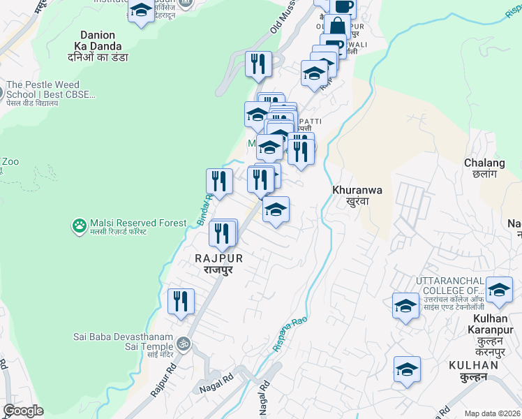 map of restaurants, bars, coffee shops, grocery stores, and more near Rajpur Road in Dehradun