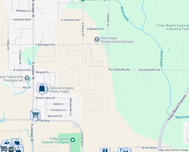 map of restaurants, bars, coffee shops, grocery stores, and more near 1753 Grouse Street in Foley
