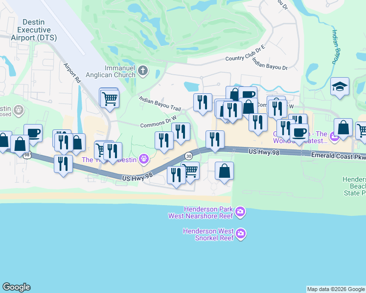 map of restaurants, bars, coffee shops, grocery stores, and more near 14059 Emerald Coast Parkway in Destin