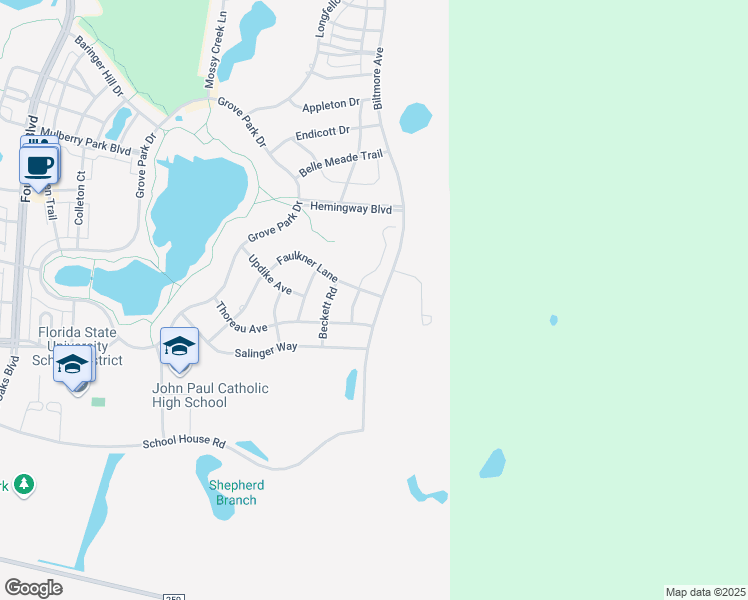map of restaurants, bars, coffee shops, grocery stores, and more near 4073 Faulkner Lane in Tallahassee