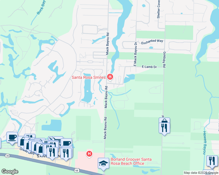 map of restaurants, bars, coffee shops, grocery stores, and more near 101 East Mack Bayou Drive in Santa Rosa Beach