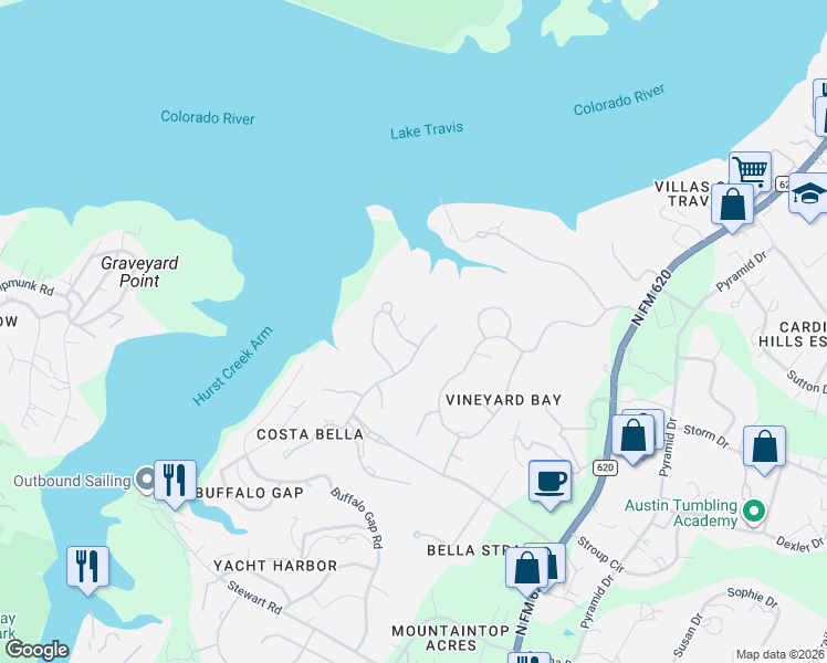 map of restaurants, bars, coffee shops, grocery stores, and more near 221 Bella Riva Drive in Austin