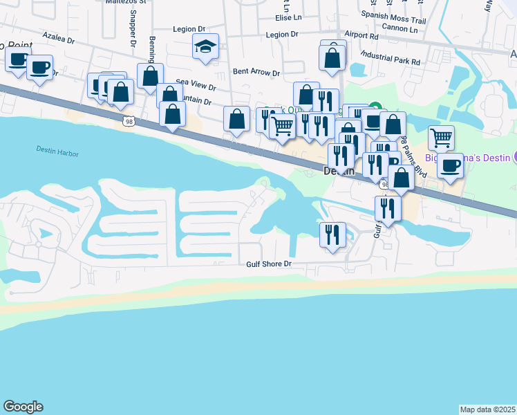 map of restaurants, bars, coffee shops, grocery stores, and more near 16 Moreno Point Road in Destin