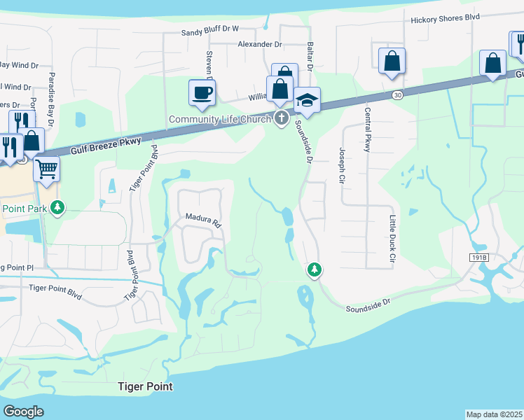 map of restaurants, bars, coffee shops, grocery stores, and more near 1404 Greenvista Lane in Gulf Breeze