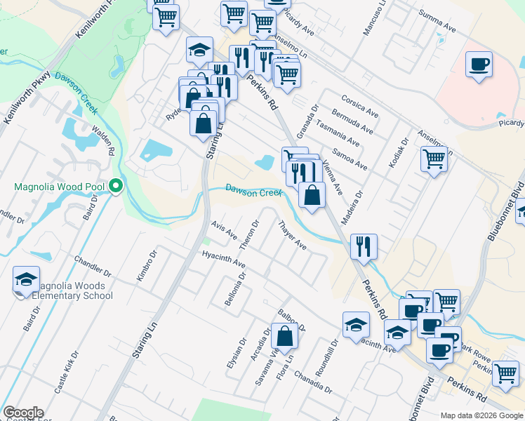 map of restaurants, bars, coffee shops, grocery stores, and more near 1857 Theron Drive in Baton Rouge