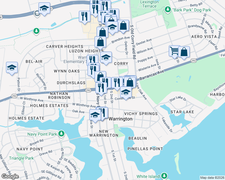 map of restaurants, bars, coffee shops, grocery stores, and more near 12 South 2nd Street in Pensacola