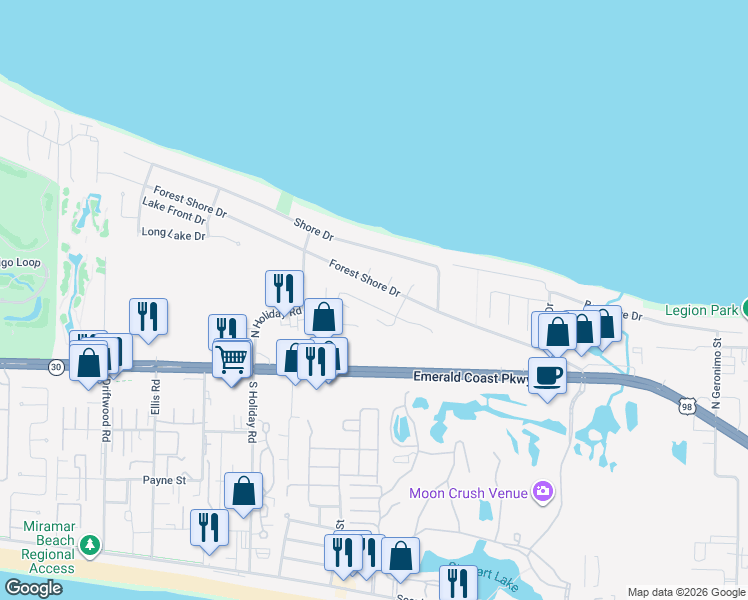 map of restaurants, bars, coffee shops, grocery stores, and more near 153 Mariner Way in Destin