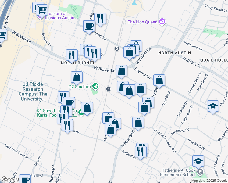map of restaurants, bars, coffee shops, grocery stores, and more near 10605 Delta Drive in Austin