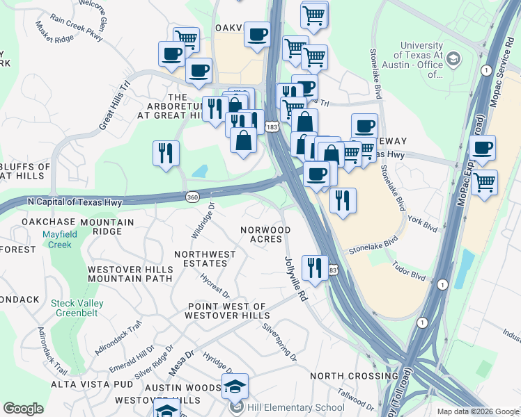 map of restaurants, bars, coffee shops, grocery stores, and more near 9525 North Capital of Texas Highway in Austin