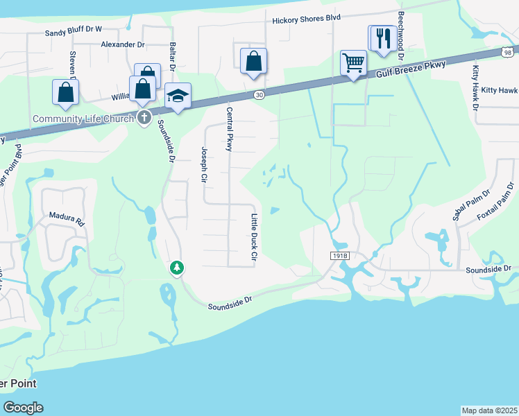 map of restaurants, bars, coffee shops, grocery stores, and more near 1381 Little Duck Circle in Gulf Breeze