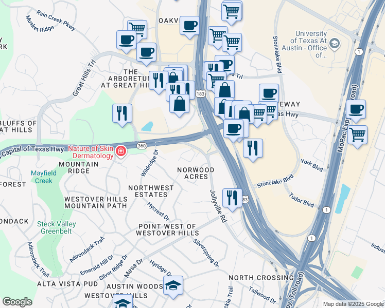map of restaurants, bars, coffee shops, grocery stores, and more near 9525 North Capital of Texas Highway in Austin