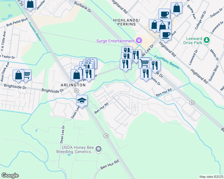 map of restaurants, bars, coffee shops, grocery stores, and more near 974 Ben Hur Road in Baton Rouge