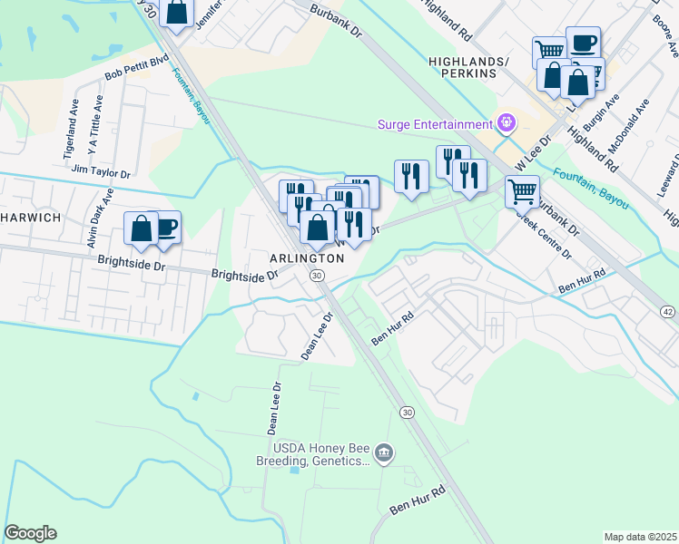 map of restaurants, bars, coffee shops, grocery stores, and more near 5445 Nicholson Drive in Baton Rouge