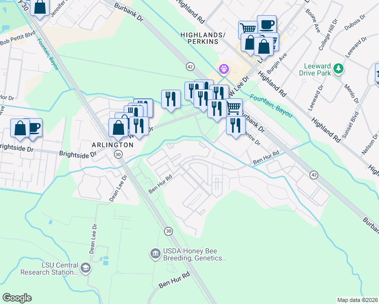 map of restaurants, bars, coffee shops, grocery stores, and more near 910 Ben Hur Road in Baton Rouge