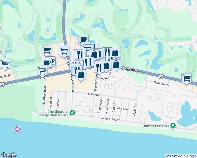 map of restaurants, bars, coffee shops, grocery stores, and more near 214 Tahitian Way in Destin
