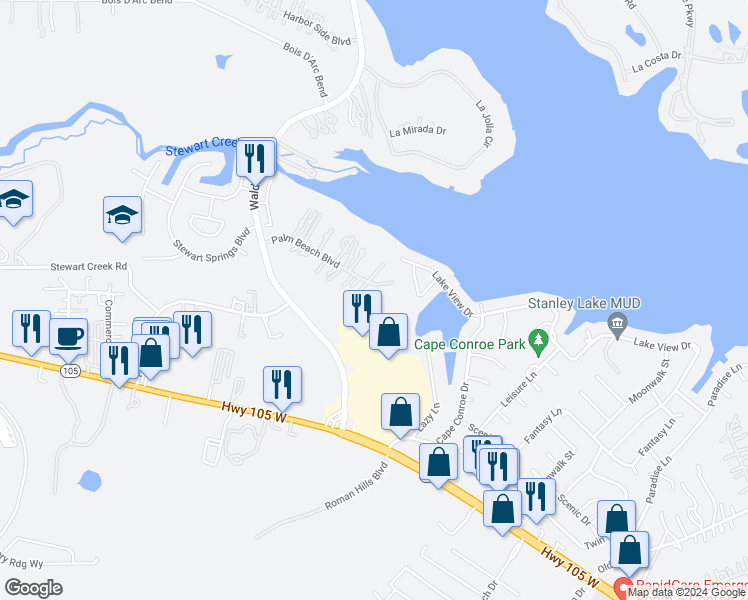 map of restaurants, bars, coffee shops, grocery stores, and more near 18703 Palm Beach Boulevard in Montgomery