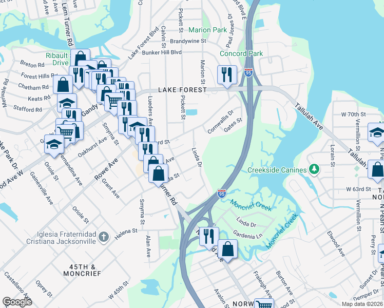 map of restaurants, bars, coffee shops, grocery stores, and more near 7350 Linda Drive in Jacksonville