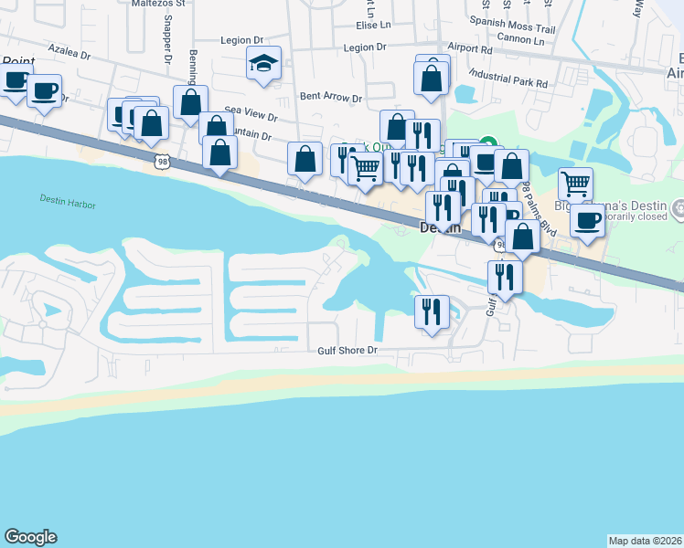map of restaurants, bars, coffee shops, grocery stores, and more near 28 Moreno Point Road in Destin