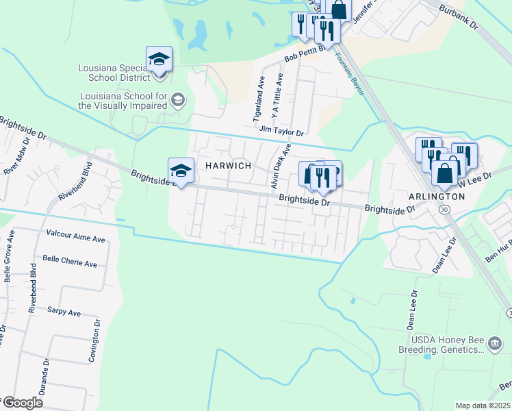 map of restaurants, bars, coffee shops, grocery stores, and more near 5142 Arlington Court in Baton Rouge