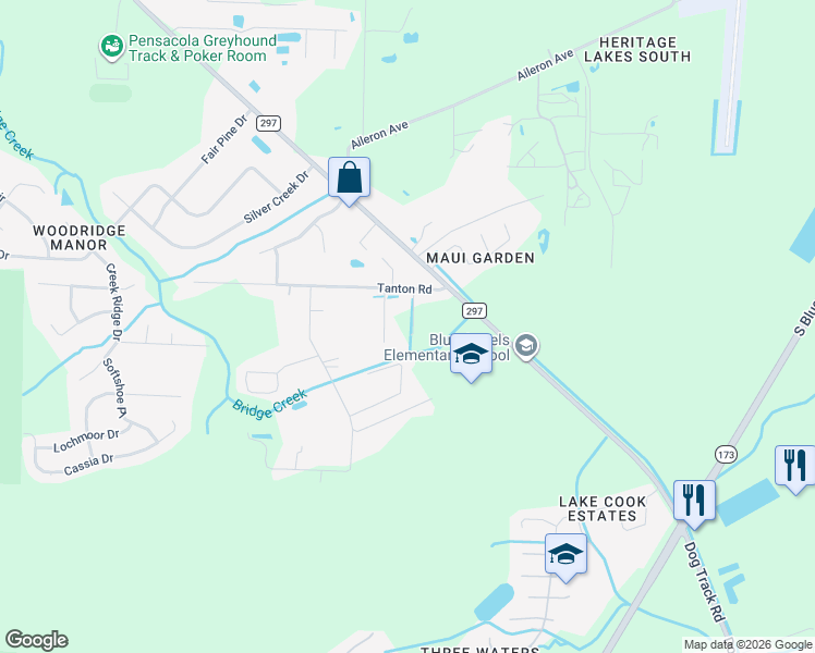 map of restaurants, bars, coffee shops, grocery stores, and more near 10307 Tanton Road in Pensacola