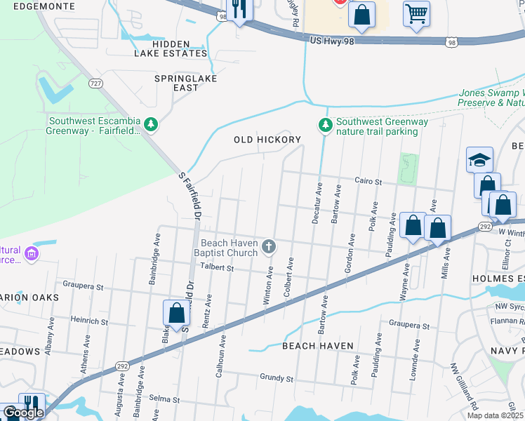 map of restaurants, bars, coffee shops, grocery stores, and more near 928 Bremen Avenue in Pensacola