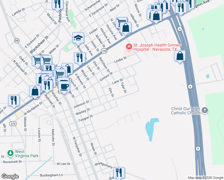 map of restaurants, bars, coffee shops, grocery stores, and more near 912 Lane Street in Navasota