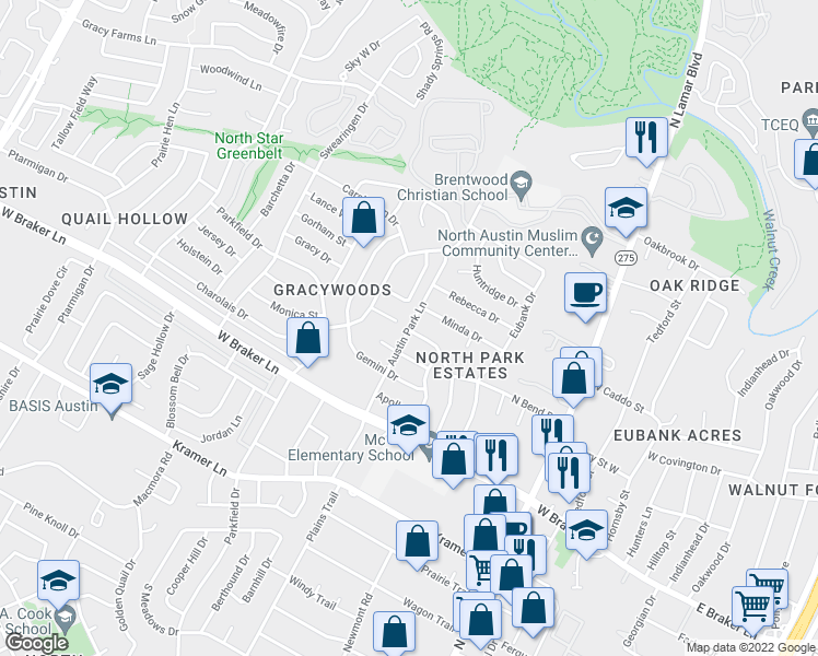 map of restaurants, bars, coffee shops, grocery stores, and more near 11608 Austin Park Ln in Austin