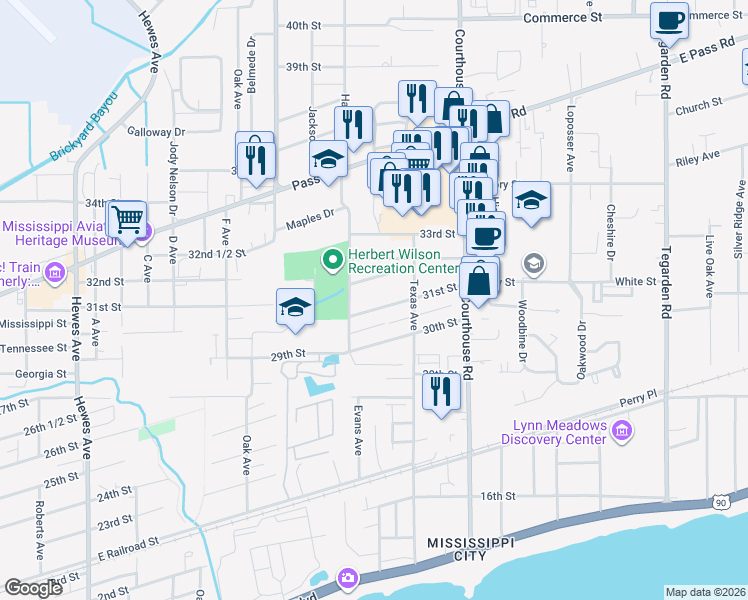map of restaurants, bars, coffee shops, grocery stores, and more near 37 32nd Street in Gulfport