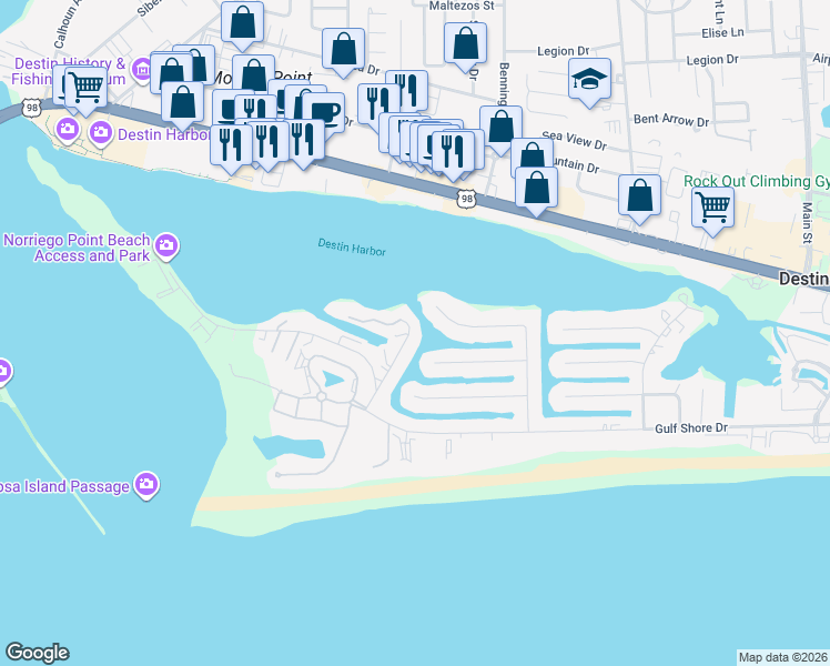 map of restaurants, bars, coffee shops, grocery stores, and more near 189 Durango Road in Destin