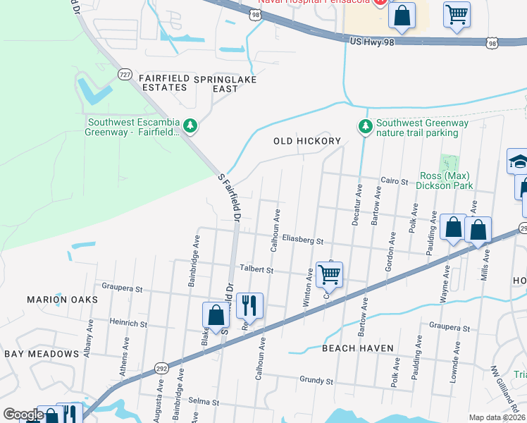 map of restaurants, bars, coffee shops, grocery stores, and more near 918 Rentz Avenue in Pensacola