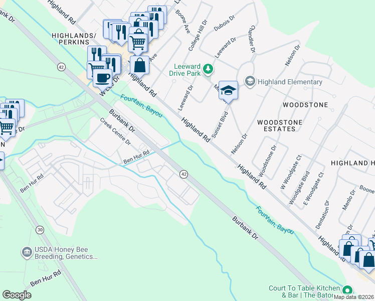 map of restaurants, bars, coffee shops, grocery stores, and more near 5950 Highland Road in Baton Rouge