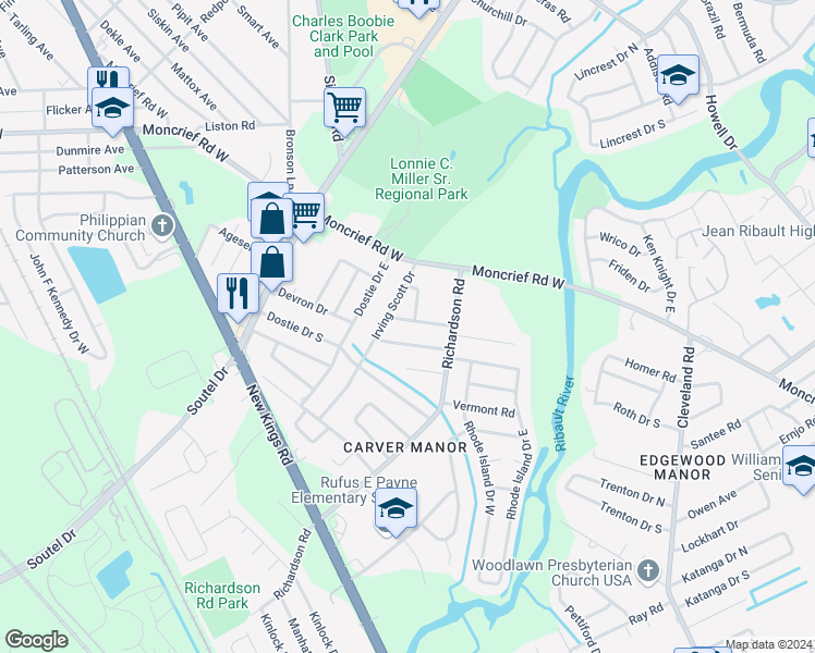 map of restaurants, bars, coffee shops, grocery stores, and more near 7421 Richardson Heights Place in Jacksonville