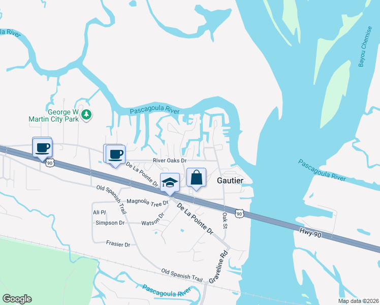map of restaurants, bars, coffee shops, grocery stores, and more near 3212 Mary Walker Drive in Gautier