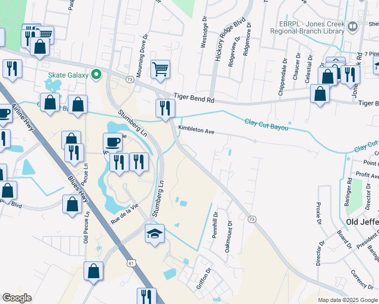 map of restaurants, bars, coffee shops, grocery stores, and more near 13434 Kimbleton Avenue in Baton Rouge