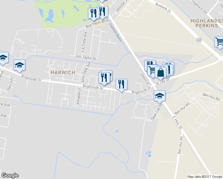 map of restaurants, bars, coffee shops, grocery stores, and more near 1741 Brightside Drive in Baton Rouge