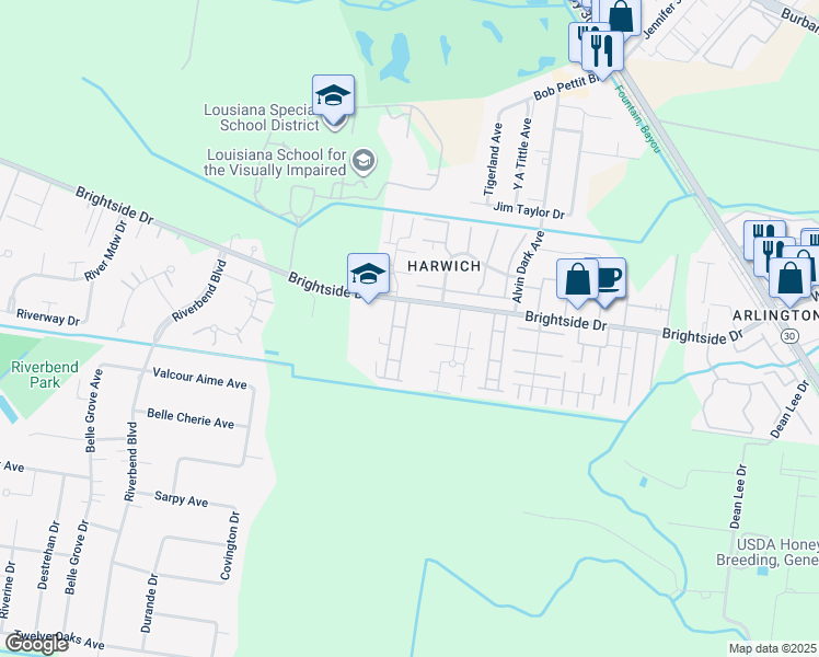 map of restaurants, bars, coffee shops, grocery stores, and more near 2405 Brightside Drive in Baton Rouge