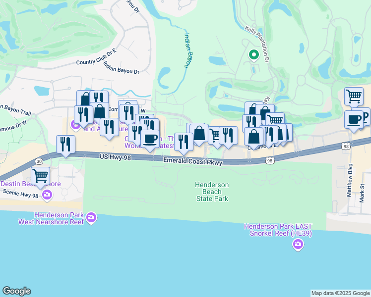 map of restaurants, bars, coffee shops, grocery stores, and more near 20001 Emerald Coast Parkway in Destin