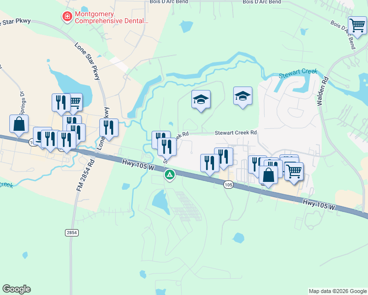 map of restaurants, bars, coffee shops, grocery stores, and more near 19816 Logans Trail in Montgomery