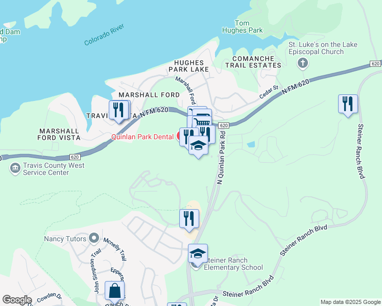 map of restaurants, bars, coffee shops, grocery stores, and more near 5145 Ranch Road 620 North in Austin
